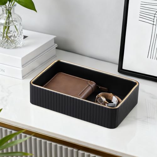 Desk Organizer Tray, PU Leather Nightstand Organizer Perfume Valet Tray for Men Women, Decorative Vanity Trays Trinket Dish Key Bowl for Entryway Table (Black, Small) - color: Black, size: 9.5" x 6" x 2.2"