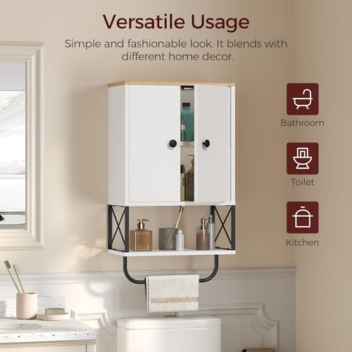 MAHANCRIS Bathroom Wall Cabinet with 2 Door and Adjustable Shelf, Medicine Cabinet with Towel Rack, 3-Tier Wall Mounted Storage Cabinet Over The Toilet for Bathroom Laundry Room, White and Natural - color: White and Natural, size: 15"L x 7.9"W x 26.1"H
