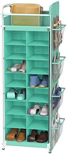 Simple Houseware 16 Cube Shoe Stand Tower Rack 8 Tier with Top Shelf and Side Hanging Pockets, Turquoise - color: Turquoise
