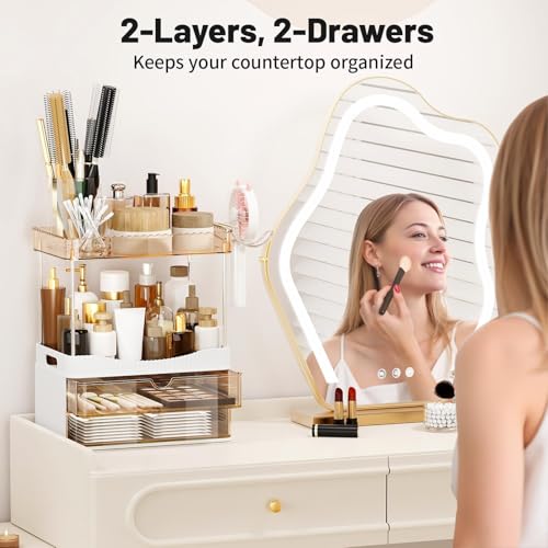 TasticTotes Bathroom Counter Organizer with Hairdryer Holder, 2-Tier 2-Drawer Shower Organizer for Skincare, Makeup Cosmetics, Large Capacity Vanity Organizer, Bathroom Decor, Valentine's Day(Amber)