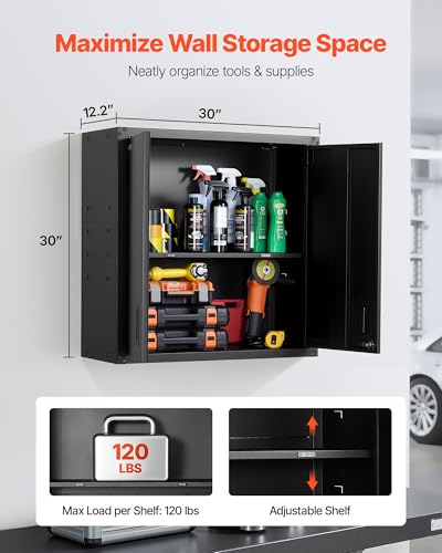 VEVOR Metal Wall Cabinet, 30W x 12.2D x 30H Inch, Steel Floating Hanging Storage Cabinet with Locking Doors and Adjustable Shelf for Garage, Basement, Kitchen, Warehouse Assembly Required, Black - style: Foldable 30" Without Open Grid