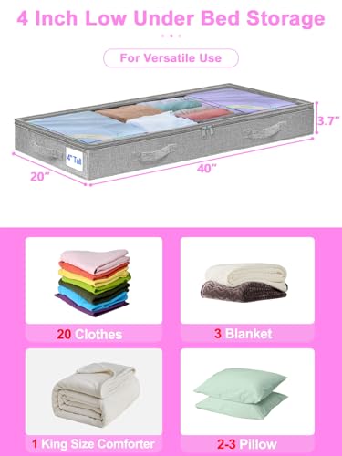 punemi 4 inches Under Bed Storage Containers, Low Profile Underbed Storage, NO STRUCTURE, Soft Foldable Underbed Cloth Storage Bags, Zipper Blanket Storage Container, 2Pack, Grey, 20x40x3.7in - color: Grey-soft-2pack, size: 4 inch