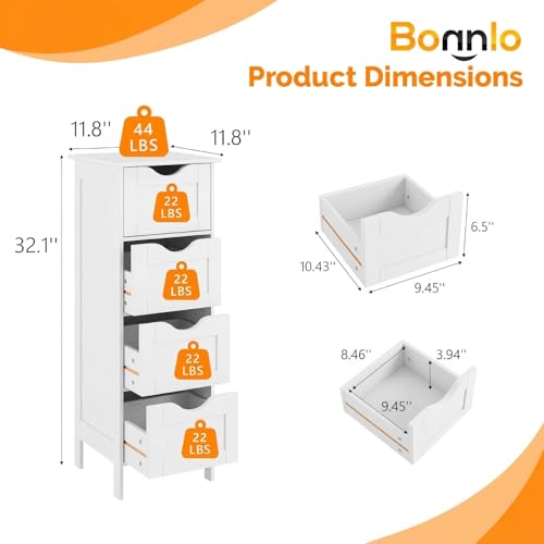 Bonnlo Skinny Bathroom Floor Storage Cabinet,White 12 Inch Wide Deep Small Storage Organizer with 4 Drawers, Wooden Modern Thin Free Standing Tower Cabinet w/ 4 Cute Drawers for Bathroom, Living Room - color: White