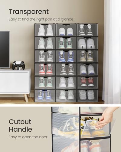 SONGMICS Shoe Boxes, Shoe Storage Organizers Rack for Closet, Plastic Stackable Sneaker Containers Case, 18 Pack, Transparent and Ink Black ULSP318B01 - color: Transparent + Ink Black, size: 18 Count Fit Size 11