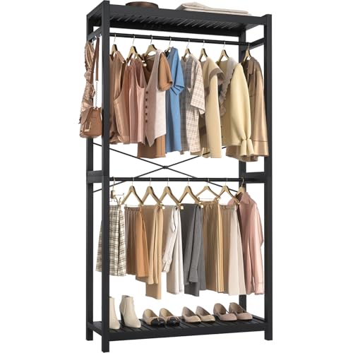 Homykic Bamboo Clothes Rack with Shelves and Double Hang Rods, Portable Closet System Garment Rack for Hanging Clothes, Tall Clothing Rack Corner Closet Organizer, Easy to Built, Freestanding, Black - color: Black, size: Standard