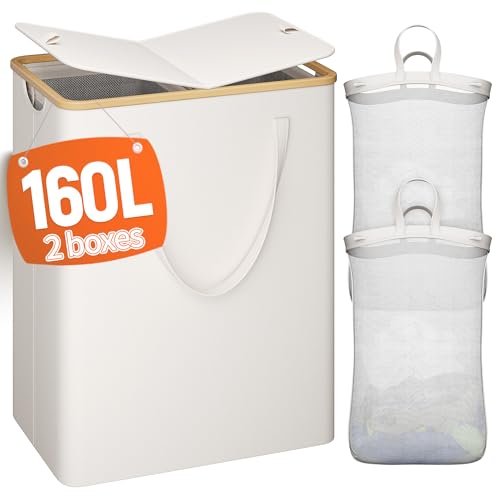 160L Double Laundry Hamper with Lid 2 Section, Large Bamboo Laundry Basket with 2 Removable Bags, Clothes Hampers for Laundry for Bedroom, Bathroom, Dorm, Laundry Room, Beige - color: Beige, size: 160L