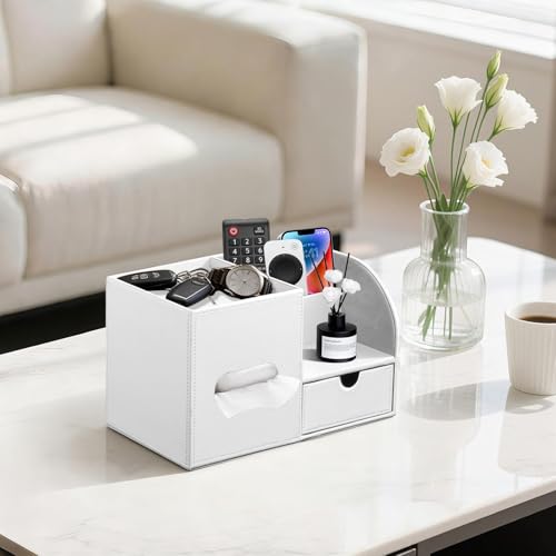 Leather Nightstand Organizer with Tissue Holder,White Square Tissue Box Cover with Organizer, Decorative Modern Facial Paper Storage Box for Bathroom Living Room Vanity Table Countertop Office - color: Cream
