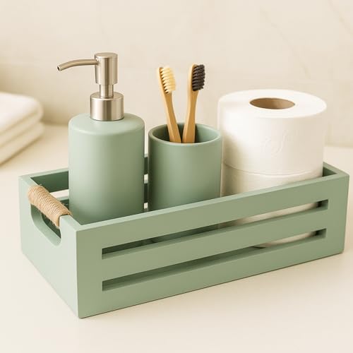 Toilet Paper Storage Box with Handles, Wooden Wicker Toilet Tank Basket, Bathroom Basket Organizer for Countertop, Decorative Wicker Bins for Bathroom or Guest Room-Green - color: Green
