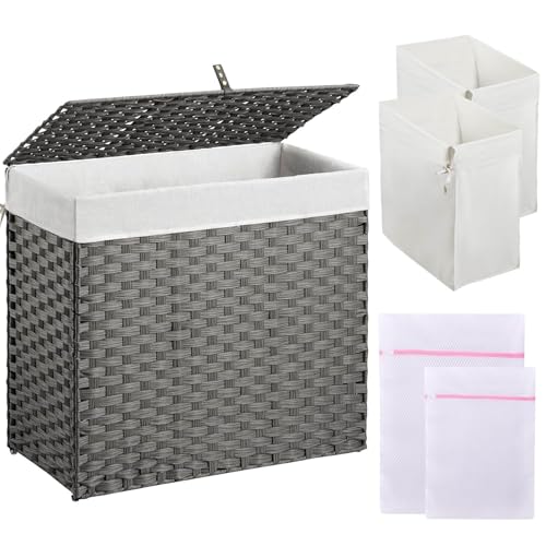 Greenstell Laundry Hamper with Lid, 125L Laundry Basket with 2 Removable Liner Bags & 2 Mesh Bags, Handwoven Synthetic Rattan Clothes Hamper for Clothes, Toys in Bathroom, Bedroom, Foldable, Grey - color: Gray, size: 125L (25.6 x 13.0 x 23.6 inches)