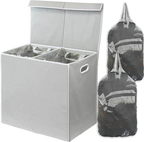 Simple Houseware Double Laundry Hamper with Lid and Removable Bags, Grey - color: Grey