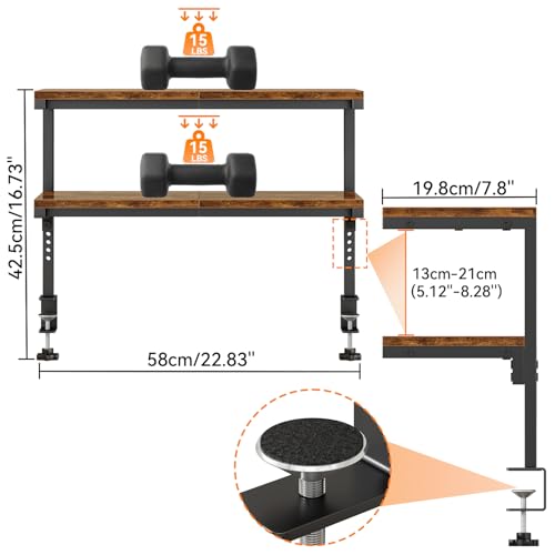 IBUYKE Clamp on Desk Shelf, 22.8” Large Desk Extender Shelves,Tool-Free Flexible Repositioning and Adjustable 2-Tier Storage Shelves for Desktop Accessories Below Desk TMZ010H - color: Brown