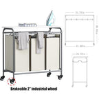LINZINAR 3 Bag Laundry Basket Sorter Heavy Duty Rolling Lockable Wheels Laundry Hamper Cart with Ironing Board and Removable Bags, Beige - size: 3 Bags Beige with Board