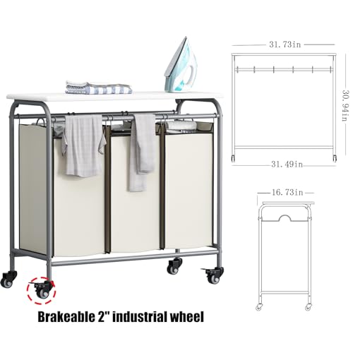 LINZINAR 3 Bag Laundry Basket Sorter Heavy Duty Rolling Lockable Wheels Laundry Hamper Cart with Ironing Board and Removable Bags, Beige - size: 3 Bags Beige with Board