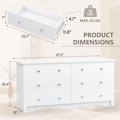 YESHOMY 6 Drawer Dresser for Bedroom, 47.2'' Wood White Dresser, Chest of Drawers Storage Organizer, TV Stand for 55 inch TV, for Living Room, Hallway, Closet - color: Light White