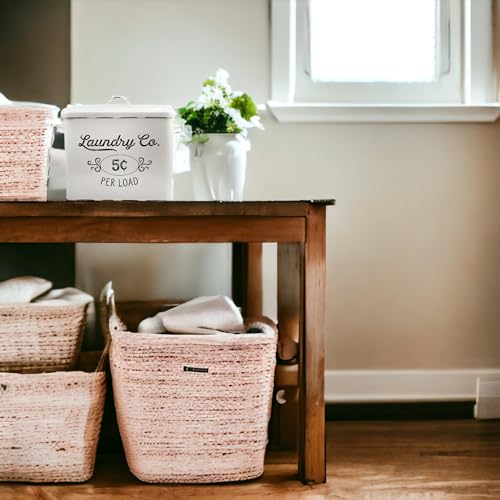 AuldHome Design Farmhouse Laundry Powder Container, White Enamelware Detergent Bin w/Scoop