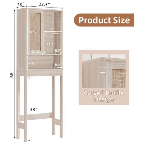 LEYAOYAO Rattan Over The Toilet Storage Cabinet, Farmhouse Over Toilet Bathroom Organizer with Sliding Door, 68" Tall Freestanding Washer Shelf with Adjustable Shelf & Curved Profile, Grey White - color: Grey White, size: 10"D×23.3"W×68"H