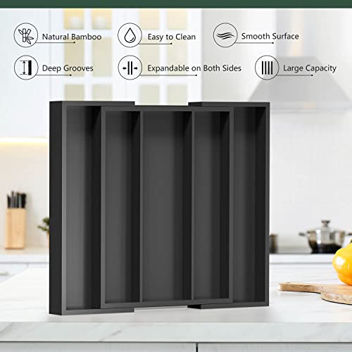 Kitchen Utensil Organizer Silverware Tray - Bamboo Flatware Organizer Expandable 5 Slots Multipurpose Silverware Organizer for Office Storage Garage Organization W13.7"-19.9" x L17.6" X H2.5" (Black) - color: Black