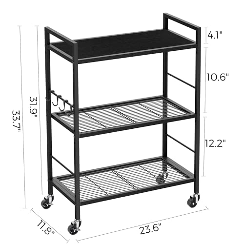3-Tier Metal Storage Rack with Industrial Wheels,Mesh Shelving Unit with Wooden Table top,Adjustable Shelf,23.6-Inch Width,for Kitchen,Laundry,Pantry,Plant,Black panel and black frame - color: Black Panel, size: 3 Tier (23.6"W x 11.8"D)
