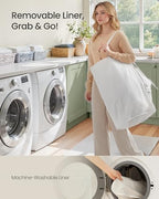 SONGMICS Laundry Hamper with Lid, 23.8 Gallon (90L) Synthetic Rattan Clothes Laundry Basket with Lid and Handles, Foldable, Removable Liner, Summer Sand ULCB051LZ01 - color: Summer Sand, size: 90 L