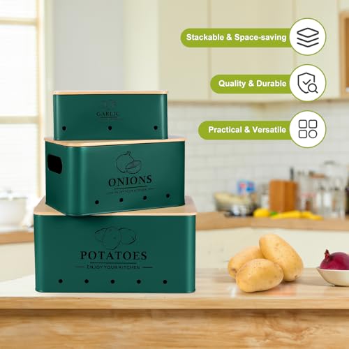 Kitchen Vegetable Storage Set of 3, Metal Onion Garlic Potato Storage Set, Kitchen Canisters Vegetable Keeper Containers with Aerating Holes and Wooden Lid (Alpine Green) - color: Alpine Green