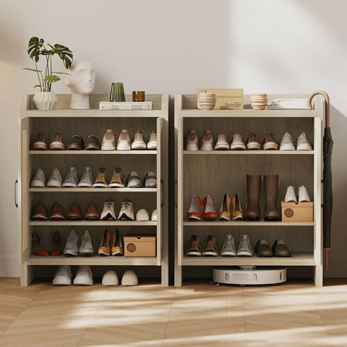 Mericonia Shoe Cabinet Storage for Entryway, Rattan Storage Cabinet, Wooden Shoe Rack with Doors, Farmhouse Boho Wood Shoe Organizer Cabinet for Hallway (Oak) - color: Oak, size: 5-tier
