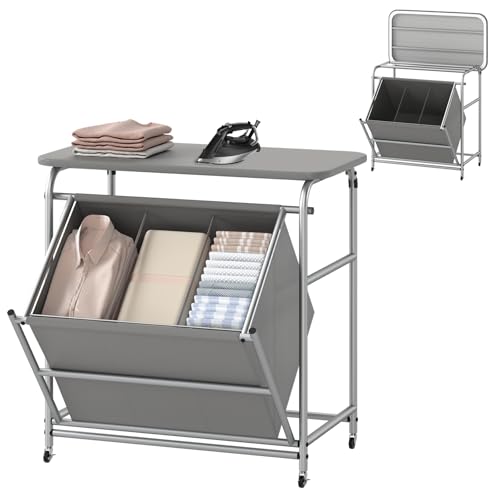 Giantex Laundry Sorter with Foldable Ironing Board, 3 Section Tilt Out Laundry Hamper with Removable Bags, Heavy-Duty Rolling Laundry Cart with Lockable Wheels for Bathroom Bedroom, Grey