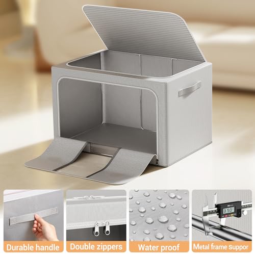 Clothes Storage Bins with Metal Frame Foldable Storage Box Clothes Organizers Storage Containers for Clothes Sheets Blankets Books Toys Gifts and Holiday Decorations (66Lx3 Pack) - color: Light gray, size: 66L（19.7“X15.7"X13"）