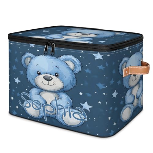 Custom Storage Basket with Name, Personalized Storage Bins with Zipper Lid, Foldable Fabric Storage Box Large capacity with Handle Blue Star Bear - color: Option 5