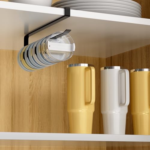 Quehun 2 PCS Tumbler Lid Organizers, Ample Lid Capacity Up to 30 Lids, No Adhesive No Drill Yeti Lid Organizer Holder Inside Cabinet, Space-Saving Stanley Tumbler Cup Lid Holder Organizer for Kitchen - color: Black