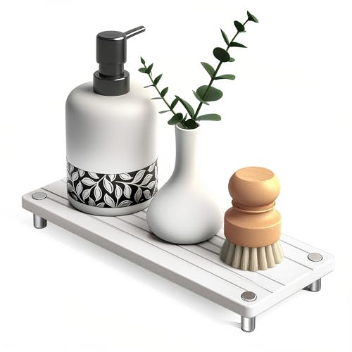 Quick Dry Sink Caddy Kitchen Sink Organizer, Water Absorbing Stone Tray for Sink, Stone Drying Tray, Diatomite Faucet Mat & Protector, Dispenser Sponge Holder, Stone Soap Tray for Bathroom Counter - color: White Metal Foot Wave Large