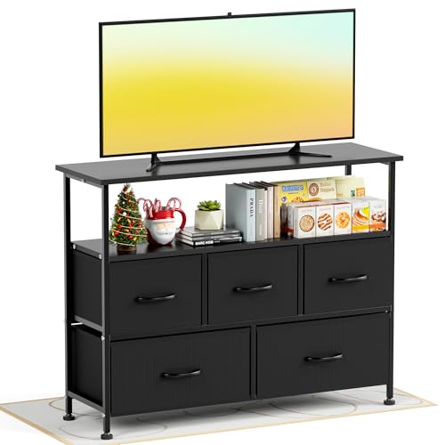 Simple Deluxe TV Stand Dresser for Bedroom Entertainment Center with 5 Fabric Drawers, Storage Organizers Units for Living Room, Media Console Table with Open Shelf up for 45" TV, Black, Wood top - color: Black, size: 39.3"D x 11.8"W x 31.8"H (5 Drawers)