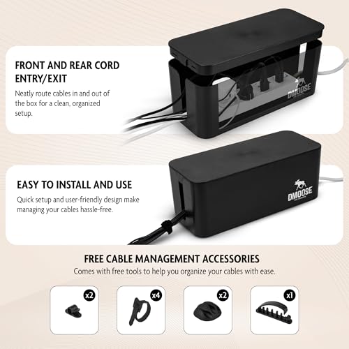 DMoose Cable Management Box - 2 Pack Medium & Large Cord Organizer for Desk & Floor, Cable Organizer Box for Child & Pet - Cable Box Hider for Tidy Office & Home, Power Strip Cover (Black - Pack of 2) - color: Pack of 2 - Black
