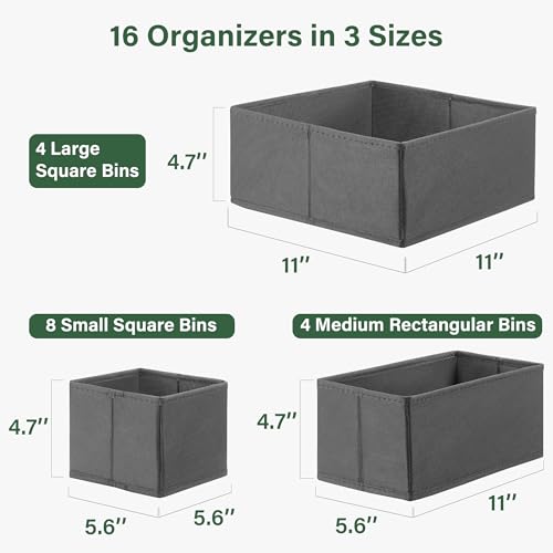 Kootek 16 Pack Drawer Organizer Clothes, Dresser Drawer Organizers for Clothing Fabric Foldable Closet Organizers and Storage Bins for Baby Clothes, Nursery, Underwear, Bras, Socks - color: Dark Grey