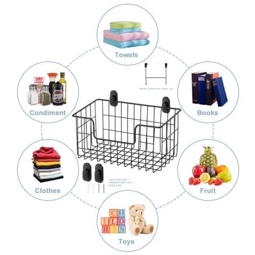 JUNCHU CHERRY Wire Storage Basket 2 Packs, Wall Mounted Kitchen Bathroom, Hanging Cabinet Door Storage Basket, no Drilling, Supporting 2 Types of Hooks, Strong Bearing, Suitable for Home, Black - color: 2 Black