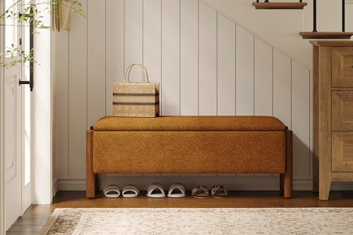 Modern Storage Benches with Walnut Wood Legs, 47'' Ottoman Bench with 20 Gallons Storage Space for Bedroom End of Bed, Fabric Upholstered Entryway Bench with Seating for Livingroom, Orange - color: Orange