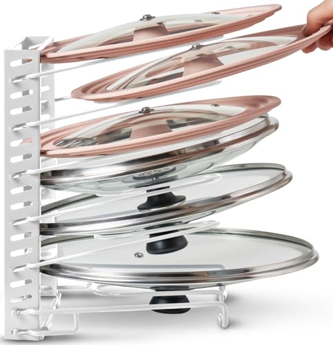 Free-Standing Adjustable Pot Lid Organizer for Cabinet - Kitchen Storage Rack 6 Adjustable Shelves, Pot Lid Holder, Pan and Pot Rack Organizer, Pantry & Inside Cabinet Organizer (13” Clearance) - color: Classic White
