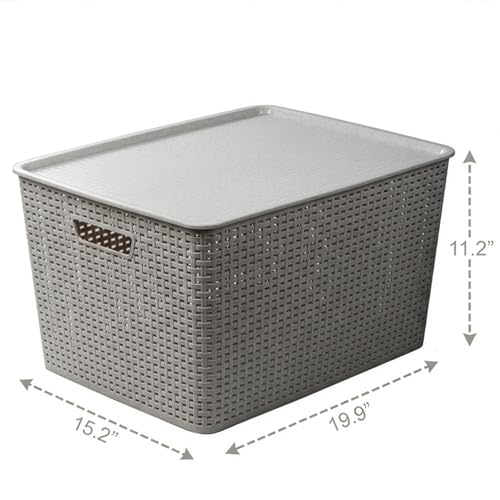 BINO | Plastic Storage Baskets with Lids, 45 Liter - 3 Pack, Natural Grey | THE WOVEN COLLECTION | Storage Basket for Shelves | Woven Storage Baskets for Organizing Bins | Pantry Shelf Organizer Bin - color: Natural Grey, size: 45L | 2-Pack