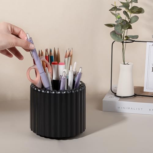 Anyoifax 360° Rotating Pen Holder 7 Slots Desk Organizer Removable Pencil Cup Plastic Art Supplies and Accessories Desktop Storage Box Caddy for Office, School, Home (Black) - style: Stripe Black