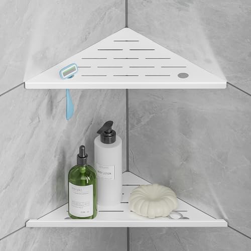 Corner Shower Shelf with Razor Hole, Rustproof Stainless Steel Shower Organizer, No Drilling Tile Shower Shelves, Modern Bathroom Shelf for Tile Wall, Grout in Shelf for Bathroom 2-Pack, 10" - color: 5-white