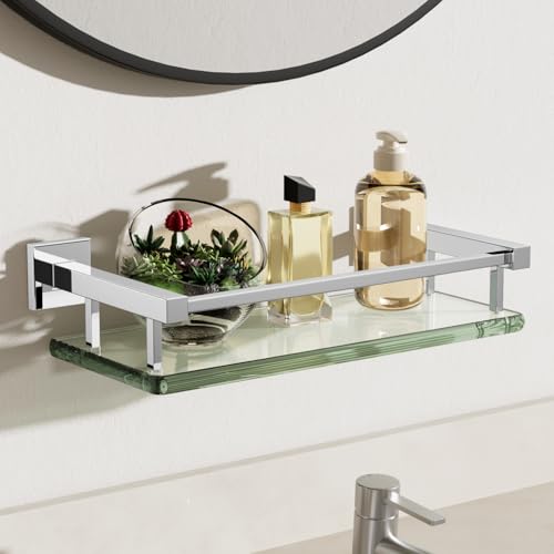 Alise Glass Shelves for Bathroom Wall, Tempered Glass Bathroom Shelf Wall Mounted, Modern Space Saving Floating Shelves 12 inch, Polished Chrome - color: Polished Chrome, size: 12 inch