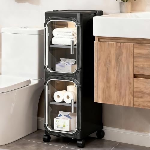 2-Tier Slim Narrow Storage Cabinet with Adjustable Shelves and Movable Wheels, Anti-Tip, Bathroom Storage and Organizers for Small Space, Bathroom, Kitchen, Laundry, Black - color: Black, size: 2-Tier