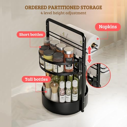 Rotating Spice Rack with Paper Towel Holder, 2 Tier Turntable Lazy Susan, Seasoning Organizer for Kitchen Countertop Cabinet, Black - color: Black