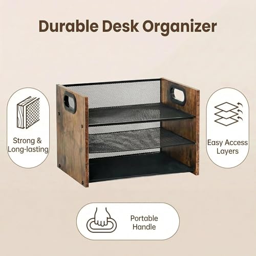 Desk Organizer - 3 Tier Wood & Metal Mesh Desktop Organizer for Office, Home, School, Workspace, Office Desk Organzier for Papers, Mail, Notebooks, Stationery - size: 3 Tier