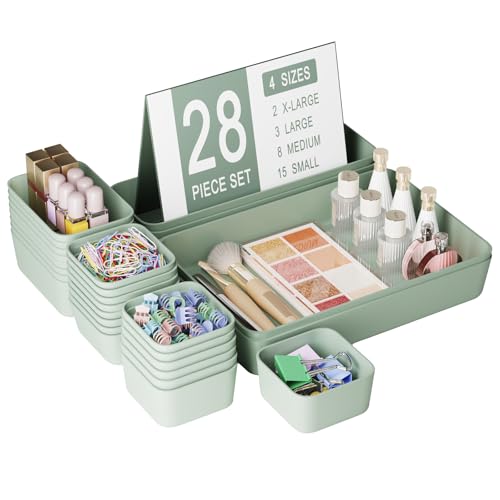 28 pcs Desk Drawer Organizer Tray, Multiple Sizes Plastic Drawer Organizer Storage, Stackable Organizer Containers For Makeup, Bedroom, Kitchen Gadgets Utensils and Office - color: Green, size: 28pcs