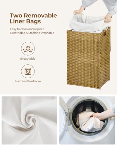 GREENSTELL Laundry Hamper with Lid, 60L Clothes Hamper with 2 Removable Liner Bags & 2 Mesh Laundry Bags, Handwoven Synthetic Rattan Laundry Basket for Clothes, Toys in Bathroom, Bedroom Natural - color: Natural, size: 60L (13.4 x 13.4 x 21.7 inches)