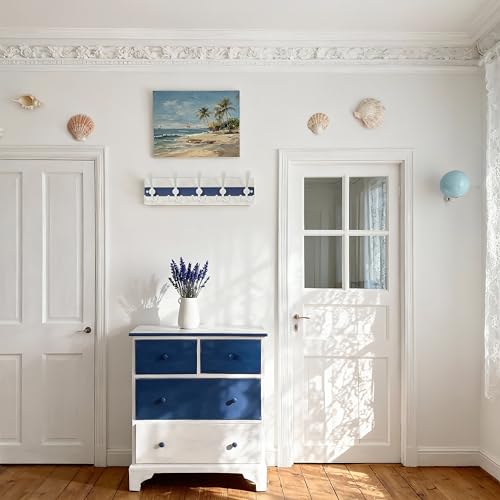 SKOLOO Coastal Wall Mounted Coat Rack - 16-7/8" Beach House Entryway Wooden Coat Hook with 5 Hooks for Hanging Coats, Hats or Towels, Oceanfront Cottage Core Collection, White & Blue - color: Blue & White Plates & White Hook, size: 1 Item-5 Hooks