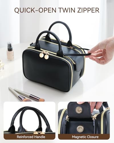 Prite Makeup Bag for Women, Large Capacity Waterproof Travel Cosmetic Organizer, Portable Open Flat Toiletry Bag with Free-standing Brush Holder and Handle(Black Medium) - color: Black, size: Medium