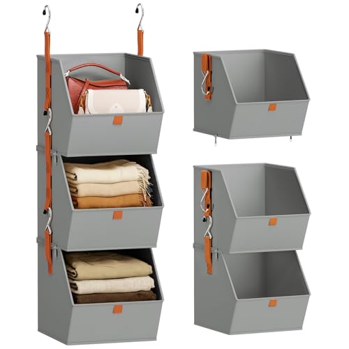 Homsorout Collapsible Hanging Closet Organizer - 3 Tier Closet Shelves Storage System with Hooks, Fabric Hanging Storage Bins for Clothes, Foldable Storage Basket for Laundry, Bedroom, Rv, Grey - color: Grey, size: 3 shelves
