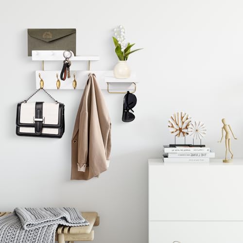 Coat Rack Wall Mount with Shelf, 4 in 1 Wood Coat Hooks with Key and Mail Holder, 17 Inch Entryway Hanging Shelf with Sunglasses Holder and 4 Metal Hooks for Clothes Hats Bag, White and Gold - color: White