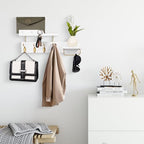 Coat Rack Wall Mount with Shelf, 4 in 1 Wood Coat Hooks with Key and Mail Holder, 17 Inch Entryway Hanging Shelf with Sunglasses Holder and 4 Metal Hooks for Clothes Hats Bag, White and Gold - color: White